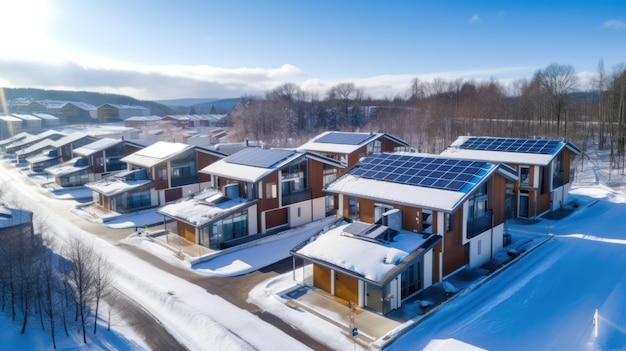 Ekologiczne budynki mieszkalne z dużymi panelami słonecznymi na dachach otoczone jasnymi jesiennymi drzewami