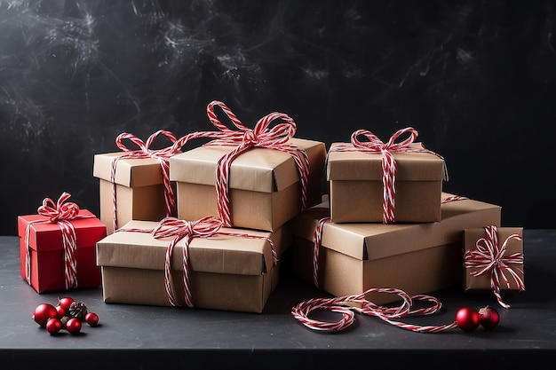 Ekologiczne pudełka z prezentami związane czerwoną i białą sznurką na czarnym tle