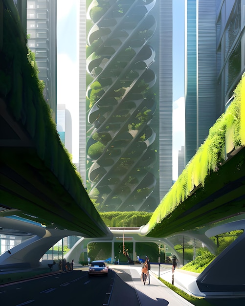 Zdjęcie ekologiczne, zielone i nie zanieczyszczające środowisko futurystyczne miasto