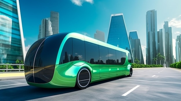 Ekologiczny autobus na tle ulic miasta 3D