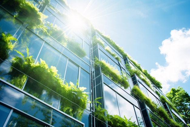 Ekologiczny budynek w nowoczesnym mieście Zrównoważony szklany budynek biurowy z drzewem do zmniejszenia emisji CO2