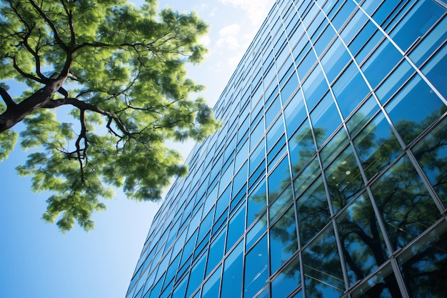 Ekologiczny budynek w nowoczesnym mieście Zrównoważony szklany budynek biurowy z drzewem do zmniejszenia emisji CO2
