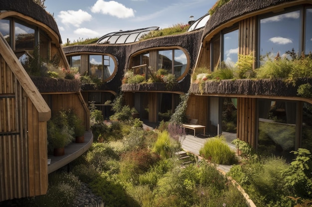 Zdjęcie ekologiczny hotel z panelami słonecznymi i organicznymi ogrodami na dachu stworzony za pomocą generatywnej sztucznej inteligencji