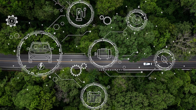 Ekologiczny Samochód Na Leśnej Drodze Z Planetą Ziemia Przechodzącą Przez Las Ekosystem Ekologia Zdrowe środowisko Wycieczka Samochodowa Ekologiczny Samochód Z Naturą Samochód Elektryczny I Ziemia Energia Elektryczna Ev Dla środowiska