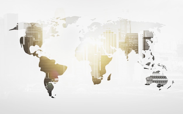ekonomia i globalna koncepcja biznesowa - mapa świata z miastem na białym tle