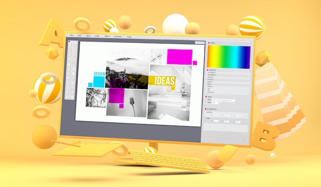 Ekran komputera otoczony graficznymi elementami renderowania 3d