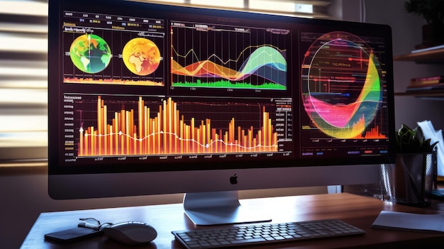 Ekran komputera wyświetlający wiele raportów finansowych, wykresów i ciasta w tle biura korporacyjnego, piękny generatywny AI AIG32