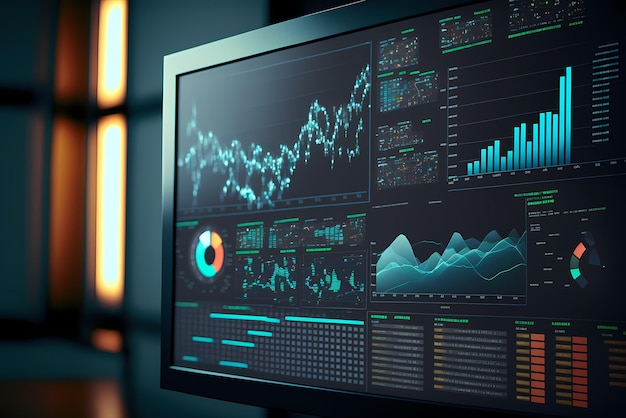 Ekran komputera wyświetlający wiele wykresów raportów finansowych i kołowy do zarządzania biznesem