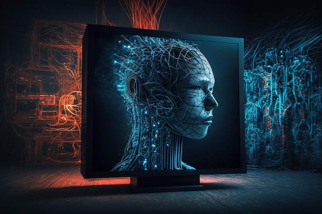 Ekran komputera z głową kobiety i napisem „sztuczna inteligencja”.