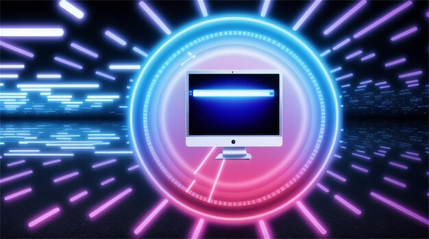 Ekran komputera z niebieskim i różowym tłem i napisem komputer.