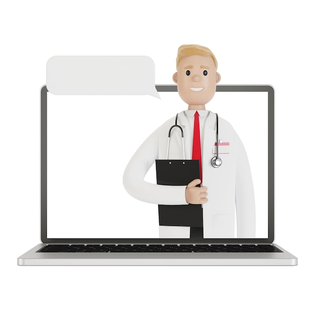 Ekran laptopa z męskim lekarzem. Koncepcja ubezpieczenia zdrowotnego online. Lekarz posiada kontrakt. Ilustracja 3D w stylu kreskówki.
