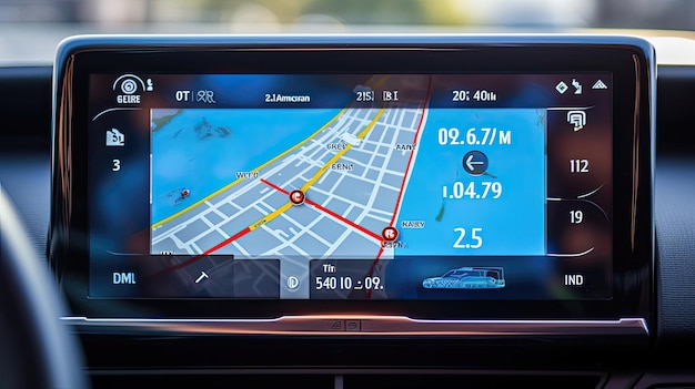 Ekran nawigacji GPS w samochodzie z krystalicznie czystym obrazem trasy Przyjazny dla użytkownika interfejs i dokładne wskazówki zapewniają kierowcom bezproblemową obsługę Wygenerowane przez AI