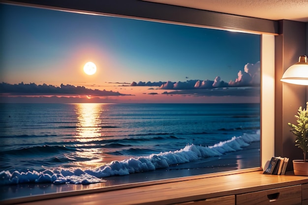 Ekran telewizora pokazuje zachód słońca nad oceanem.