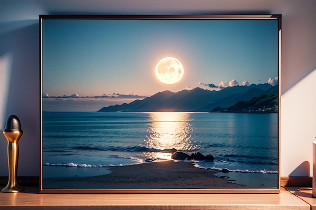Ekran telewizora z pełnią księżyca i górami w tle.