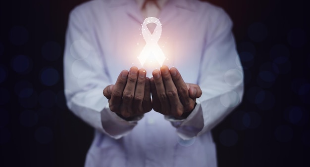 Ekran wizualny Wstążka na dłoni Świadomość raka piersi Tło świadomości raka jamy brzusznej Światowy dzień raka