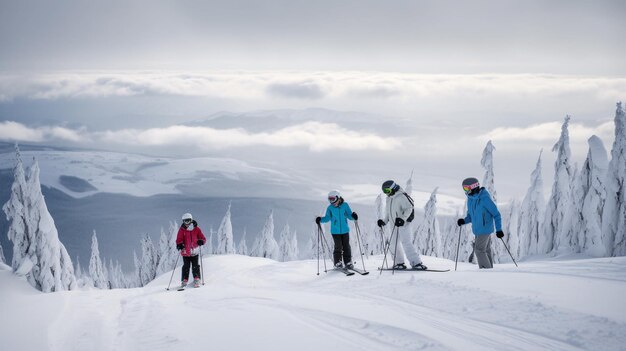 Ekscytująca przygoda narciarska na Snowy Mountain z drzewami i górami w tle Generative AI