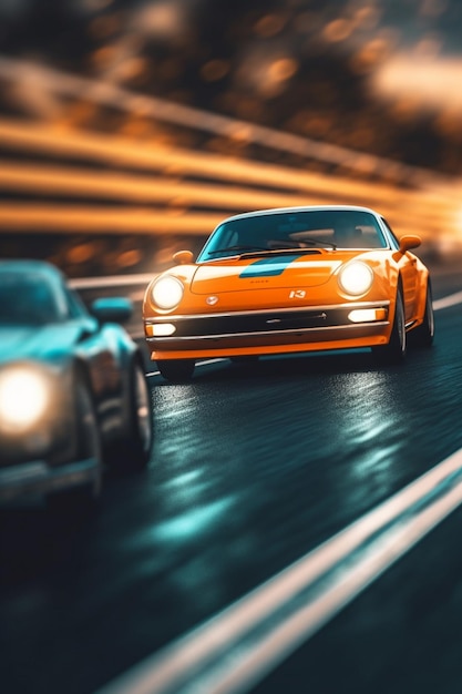 Ekscytujący moment uchwycony, gdy dwa samochody wyścigowe angażują się w ekscytujący manewr wyprzedzania generowany przez sztuczną inteligencję.