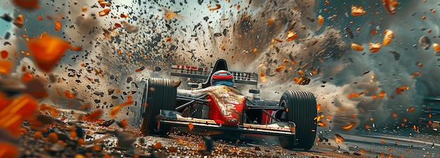 Zdjęcie ekscytujący moment wyścigu samochodu formuły do szczątków i wysyłanie go latający ryzykowna działalność