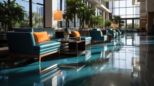 Zdjęcie ekskluzywny hotel lub kompleks korporacyjny ozdobiony marmurem lobby profesjonalna sala konferencyjna z nowym wyposażeniem
