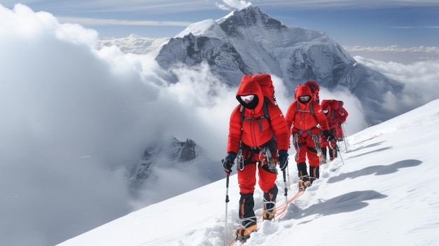 Ekspedycja trzech osób wspinających się na górę Makalu czerwona kurtka AI Generative