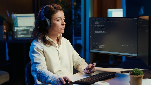 Ekspert ds. bezpieczeństwa cybernetycznego noszący słuchawki i używający komputera do naprawiania zagrożeń bezpieczeństwa