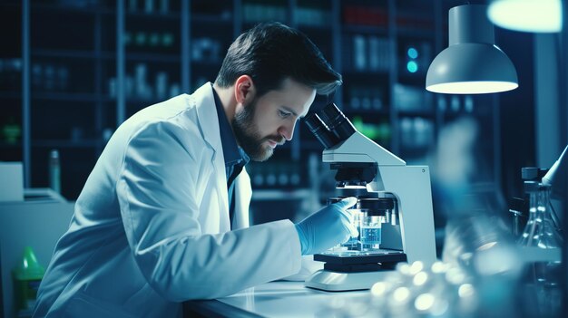 Ekspert mikrobiolog bada próbki medyczne za pomocą nowoczesnego mikroskopu w laboratorium technologicznym