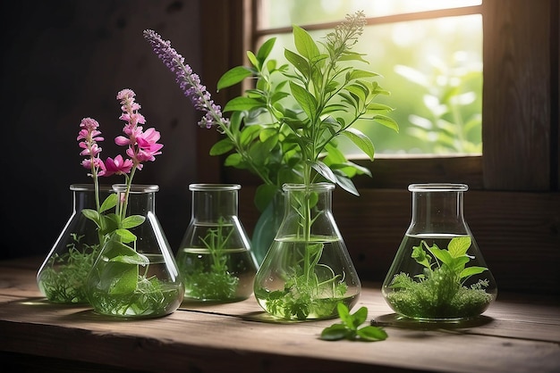 Zdjęcie eksperyment naukowyzioła kwiatowe i zielone w kubkach i probówkach