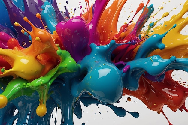 Zdjęcie eksplodująca płynna farba w kolorach tęczy z rozpryskami ai generatywny