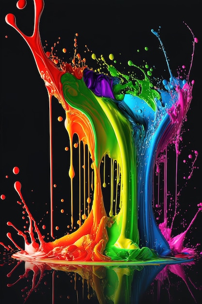 Eksplodująca płynna farba w kolorach tęczy z rozpryskami generatywnej ai