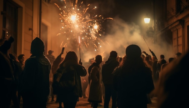 Eksplodujące fajerwerki rozświetlające nocne niebo radością generowaną przez sztuczną inteligencję