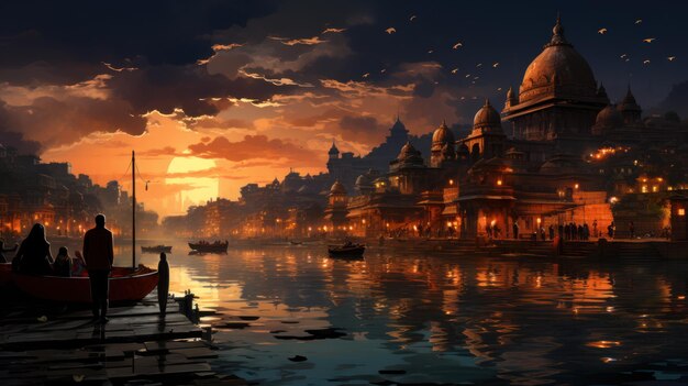 Eksploracja artystyczna Para akwarelowa piękno zachodu słońca Varanasi Ceated z generatywną sztuczną inteligencją
