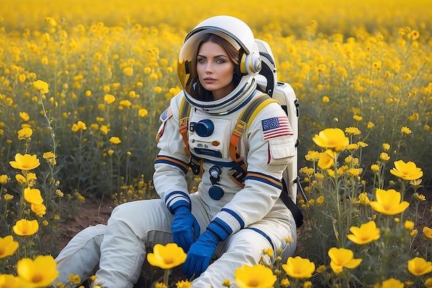 Eksplorator na świeżym powietrzu siedzący na polu kwiatowym z żółtymi kwiatami kobieta w garniturze kosmicznym na tle