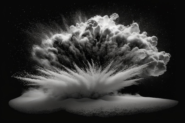 Eksplozja chmury białego pudru śnieżnego w abstrakcyjnym szerokim poziomym projekcie na czarnym tle