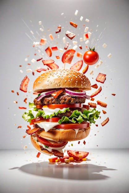 eksplozja hamburgera z dwoma kawałkami mięsa, pomidorem, cebulą, sałatą, bekonem