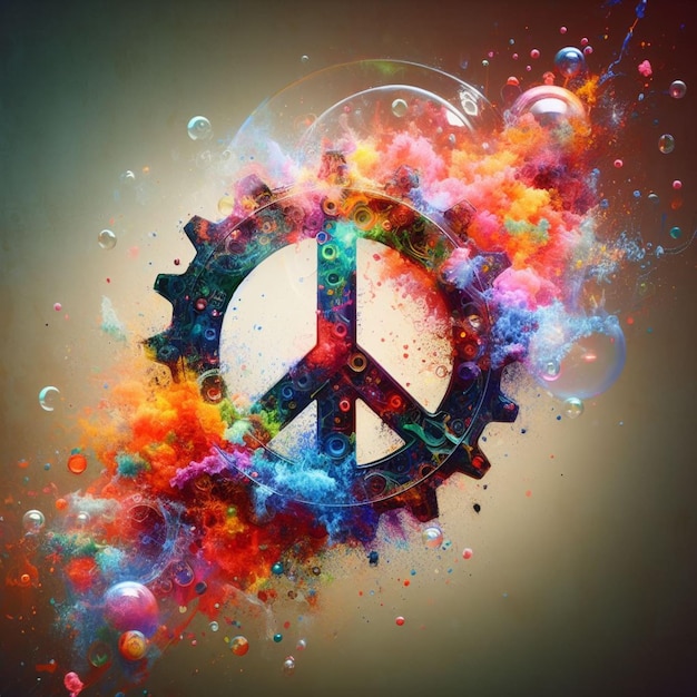 eksplozja kolorów farby renderuje abstrakcyjną rzeźbę ze steampunkowym nastawionym poli-symbolem pokoju