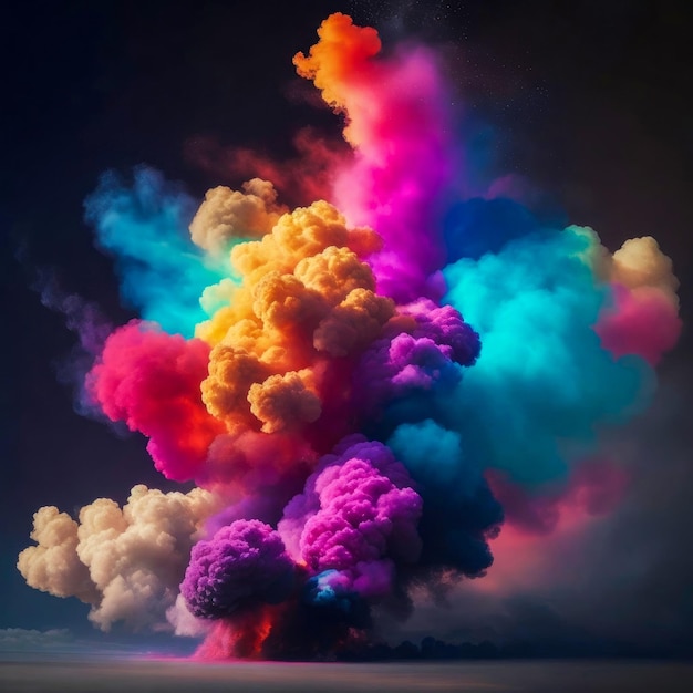 Zdjęcie eksplozja kolorowego dymu i czarnego tła