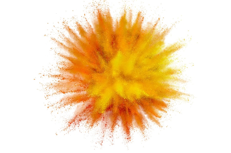 Eksplozja kolorowego proszku. Streszczenie zbliżenie pyłu na tle. Kolorowe eksplodować. Maluj holi