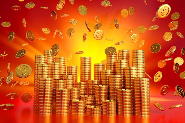 Eksplozja monet lub spadające złote monety kasyno lub koncepcja sukcesu biznesowego renderowania 3d