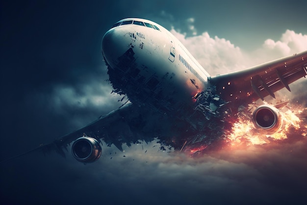Eksplozja samolotu podczas lotu Katastrofa samolotu Wypadek samolotu w chmurach Generacyjna sztuczna inteligencja
