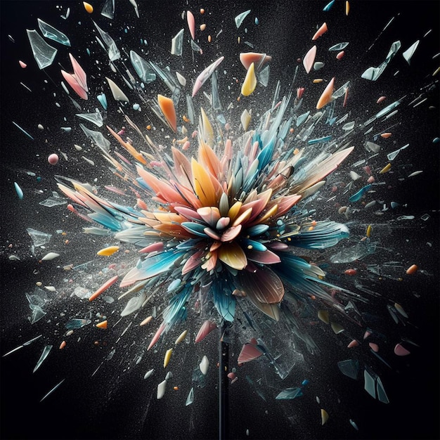 Zdjęcie eksplozja złamanego szkła rozproszenie kwiat i ptak