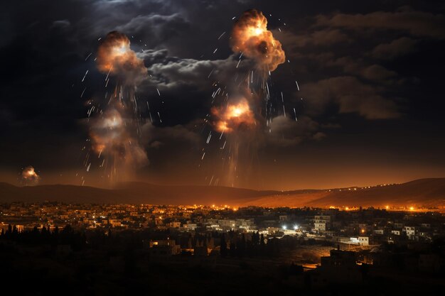 Zdjęcie eksplozje oświetlające nocne niebo podczas izraelskich operacji wojskowych generatywna sztuczna inteligencja