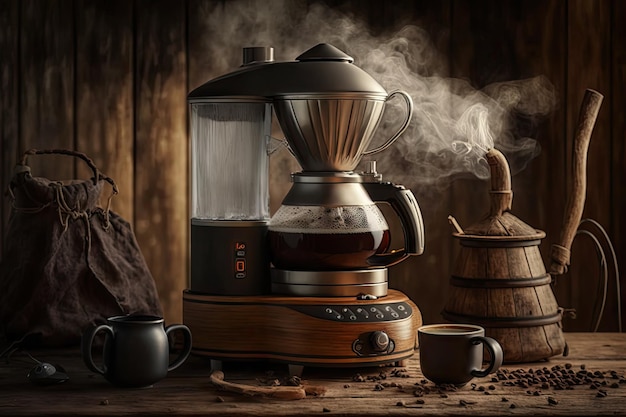 Ekspres do kawy gejzer z parującą filiżanką bogatej aromatycznej kawy na drewnianym tle