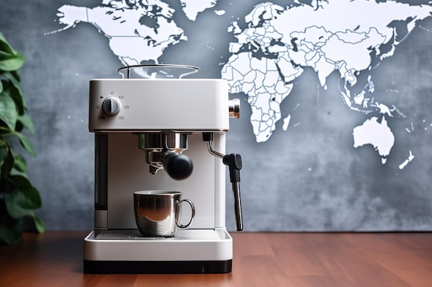 Ekspres do kawy z okazji Międzynarodowego Dnia Kawy na tle mapy świata