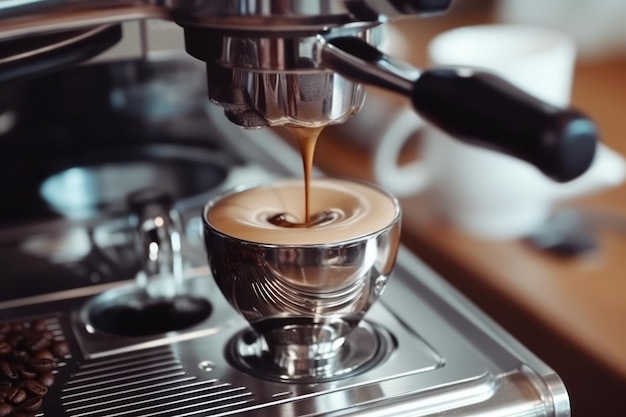 Ekspres do kawy zbliżenie gorące espresso wlewa się do filiżanki z profesjonalnego filtra portafiltera w kawiarni Generative AI