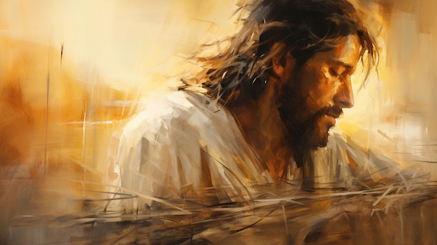 Ekspresjonistyczne przedstawienie tętniącego życiem Jezusa, otoczonego promieniowaniem intensywnych emocji melancholii