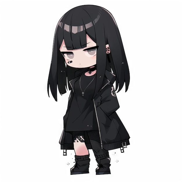 Ekspresywna anime chibi ilustracja smutnej gotyckiej dziewczyny stworzona przy użyciu generatywnej sztucznej inteligencji