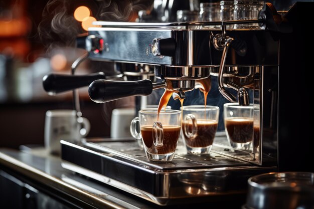Zdjęcie ekstrakcja espresso z widoku zbliżenia profesjonalnego ekspresu do kawy typu karob