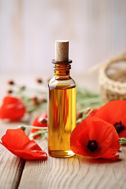ekstrakt oleju eterycznego z kwiatów czerwonego maku na drewnianym stole