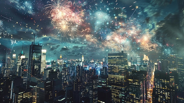 Ekstravagantne fajerwerki oświetlają panoramę miasta odzwierciedloną w oknach drapaczy chmur