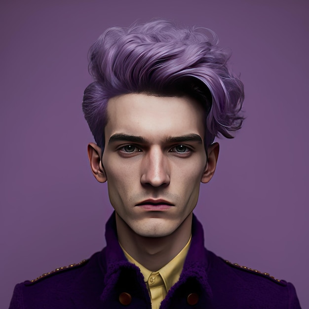 Ekstrawagancki mężczyzna z fioletową formalną i ekstrawagancką kurtką na kolorowym tle Generacyjna sztuczna inteligencja